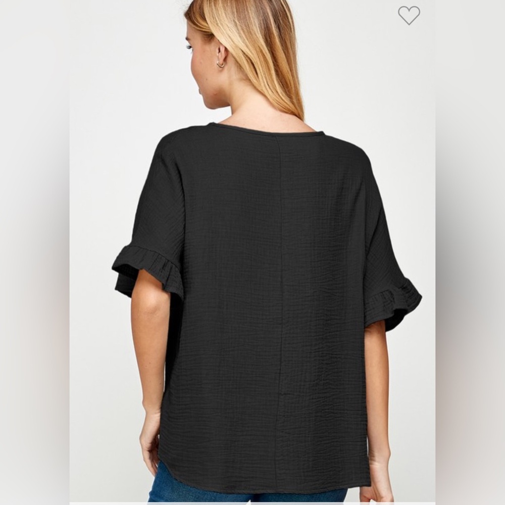 2Hearts Women's Black Ruffle Sleeve Cotton Gauze Blouse - Picture 4 of 4
